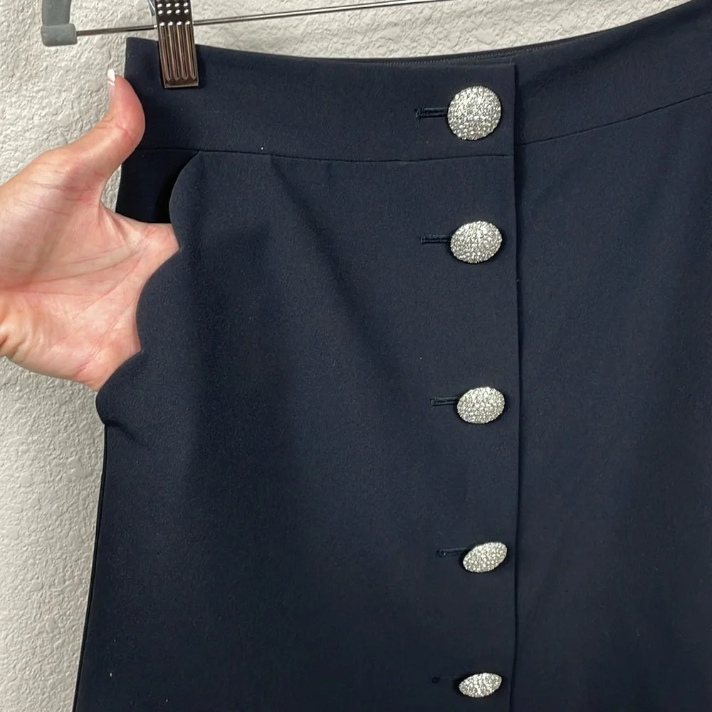 Kate Spade Crystal Embellished Button Skirt Scallop Pockets Black Sz 4